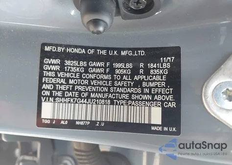 2018 Honda Civic Sport из США, поврежденный, VIN SHHFK7G44JU210818